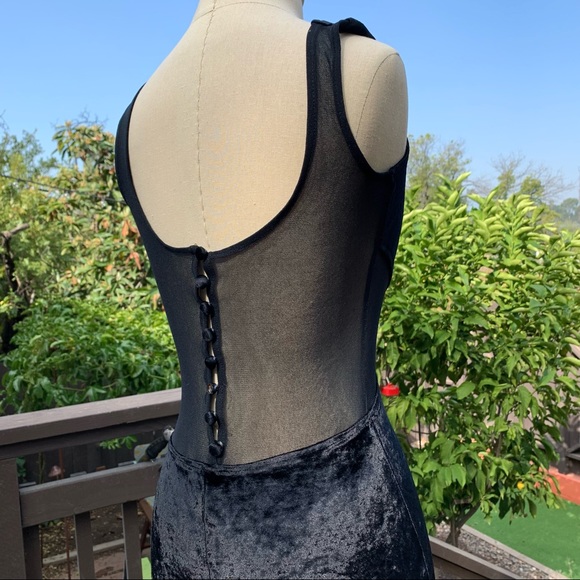 VINTAGE Black Crushed Velvet Sheer Paneled Side Slit Midi Dress size Small - Picture 11 of 11